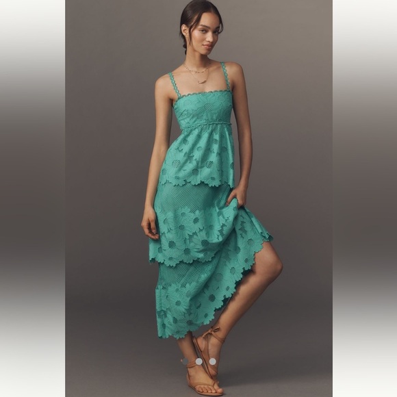 Anthropologie Dresses & Skirts - NEW🌟Anthropologie Saylor Elloise Eyelet Tiered Midi Dress Teal Size Large